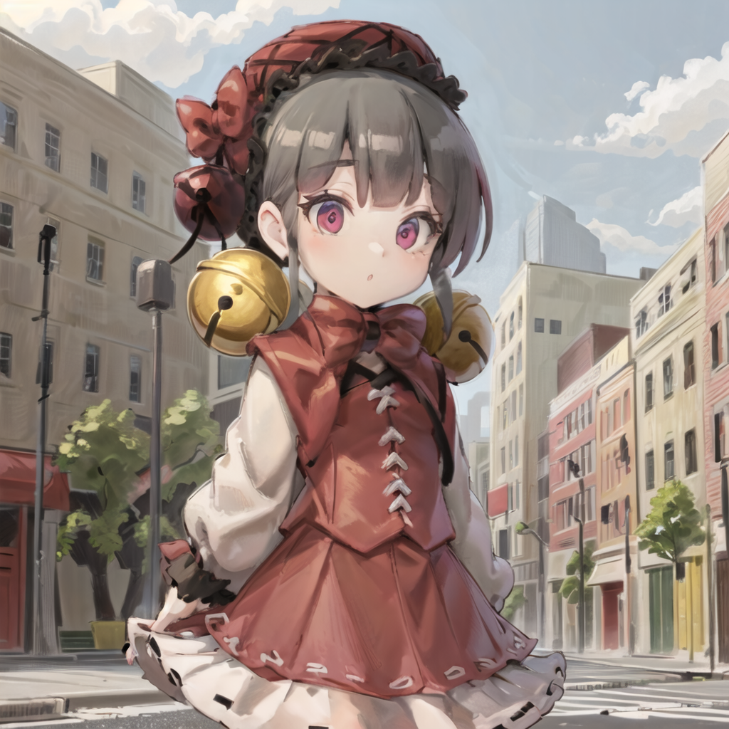 a cartoon girl in red and white check dress standing, 1girl, solo, bell, outdoors, city backgro.png